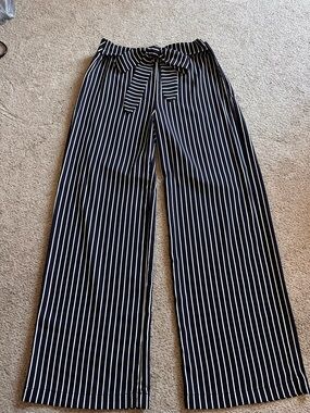 Striped Navy Wide-Leg Paperbag Pants with Self Tie